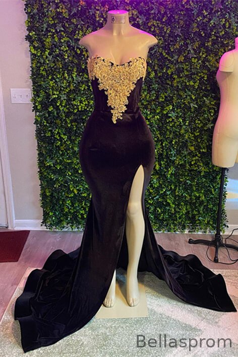 Bellasprom Black Strapless Sleeveless Mermaid Prom Dress With Split Lace Appliques Velvet Bellasprom