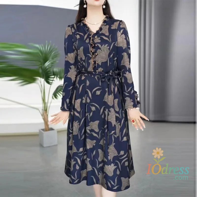 IO Dress Elegant Printed Belted Dress Women's Autumn New Style Slimming Meat Covering Midi Skirt Stylish V-neck Full Sleeve Regular Waist IO Dress