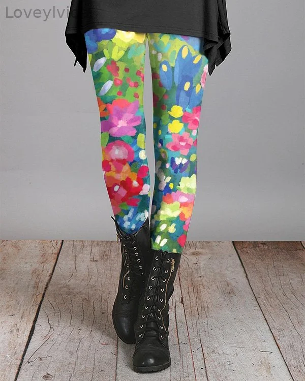 Retro Colorful Art Flower Print Casual Leggings