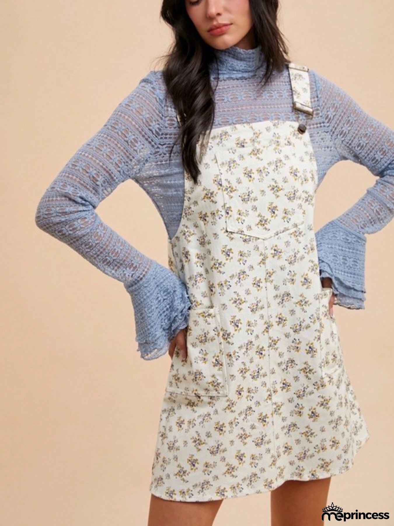 Womens Casual Denim Overall Dress Vintage Romantic Floral Print Mini Pinafore Adjustable Straps Square Neck A Line Sundress Light Cream Spring Summer Garden Party Prairie Style Layering Fashion