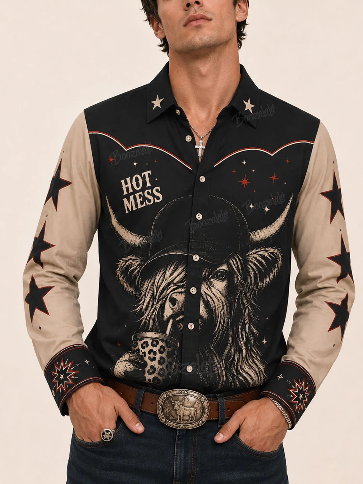 Perfect for Creative Art Events, Star Pattern Sleeves and Highland Bull Motif, Cotton Blend, 2026 Spring Autumn Men, Casual Western Shirt-100% Cotton