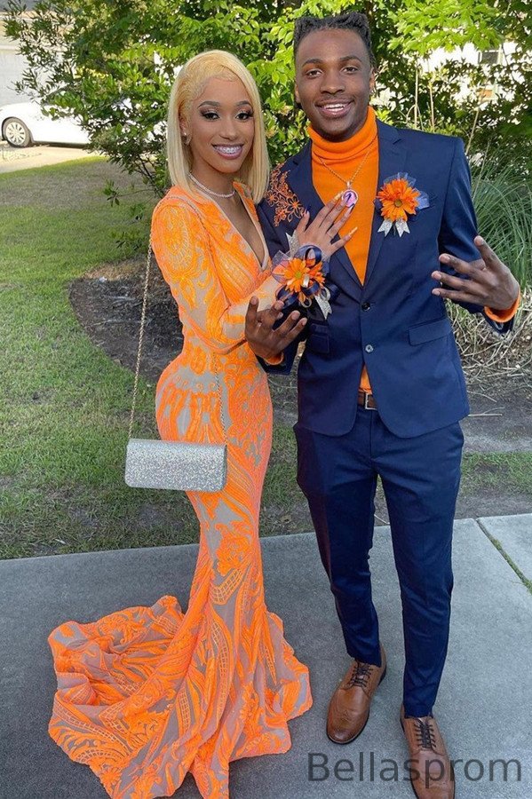 Bellasprom Orange Long Sleeves Prom Dress Mermaid Lace Party Gowns V-Neck Bellasprom