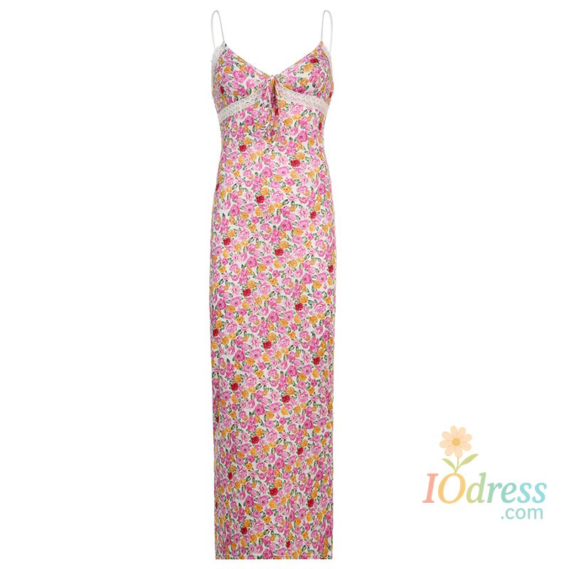 IO Dress Y2K Floral Print Lace Trim Spaghetti Strap Long Dress Elegant Bodycon Tank Dress Sleeveless Maxi Dress Summer Streetwear IO Dress