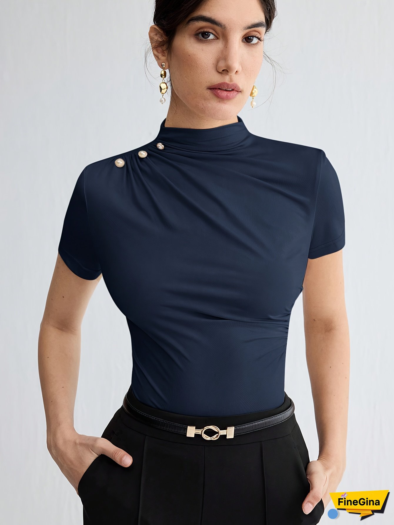 Elegant White Short Sleeve Turtleneck Top with Button Detail - Versatile Summer Blouse for Women, Casual Attire|Minimalist Style|Sleek Fit