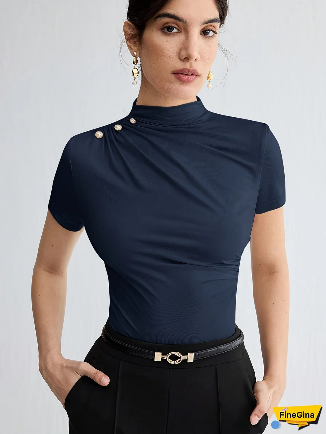 Elegant White Short Sleeve Turtleneck Top with Button Detail - Versatile Summer Blouse for Women, Casual Attire|Minimalist Style|Sleek Fit