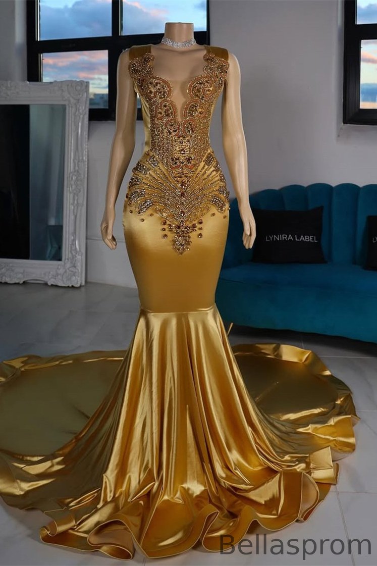 Bellasprom Gold Scoop Sleeveless Mermaid Prom Dress With Beadings Long Bellasprom