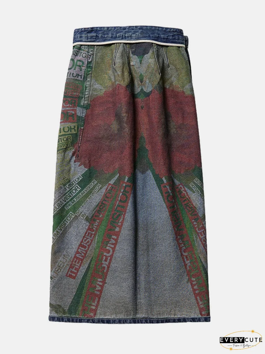 Reversible Slit Printed Midi Denim Skirt