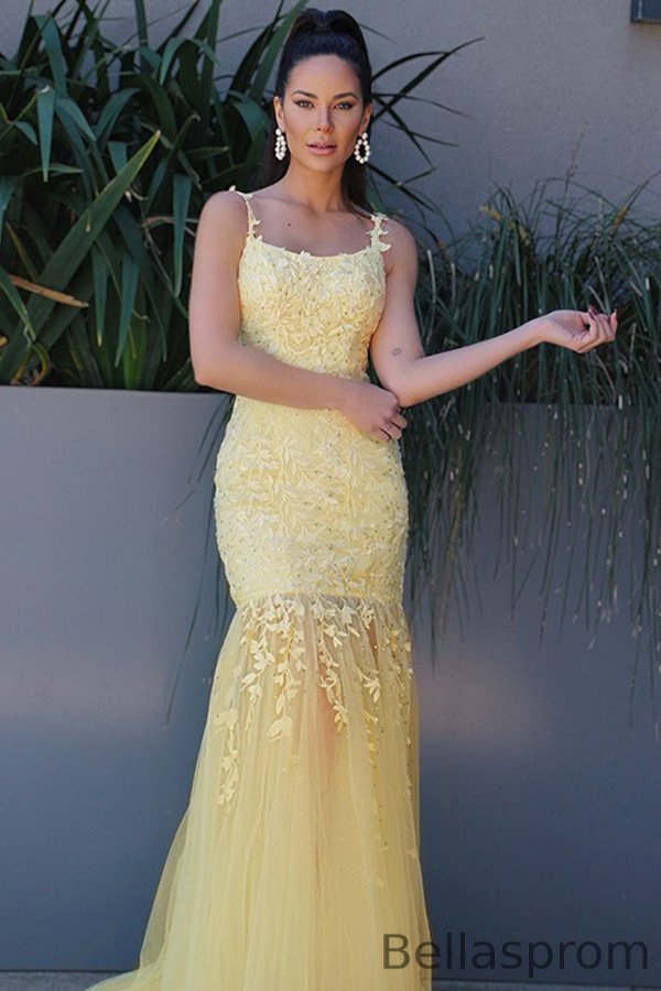 Bellasprom Yellow Mermaid Evening Dress Long Spaghetti-Straps Appliques Bellasprom