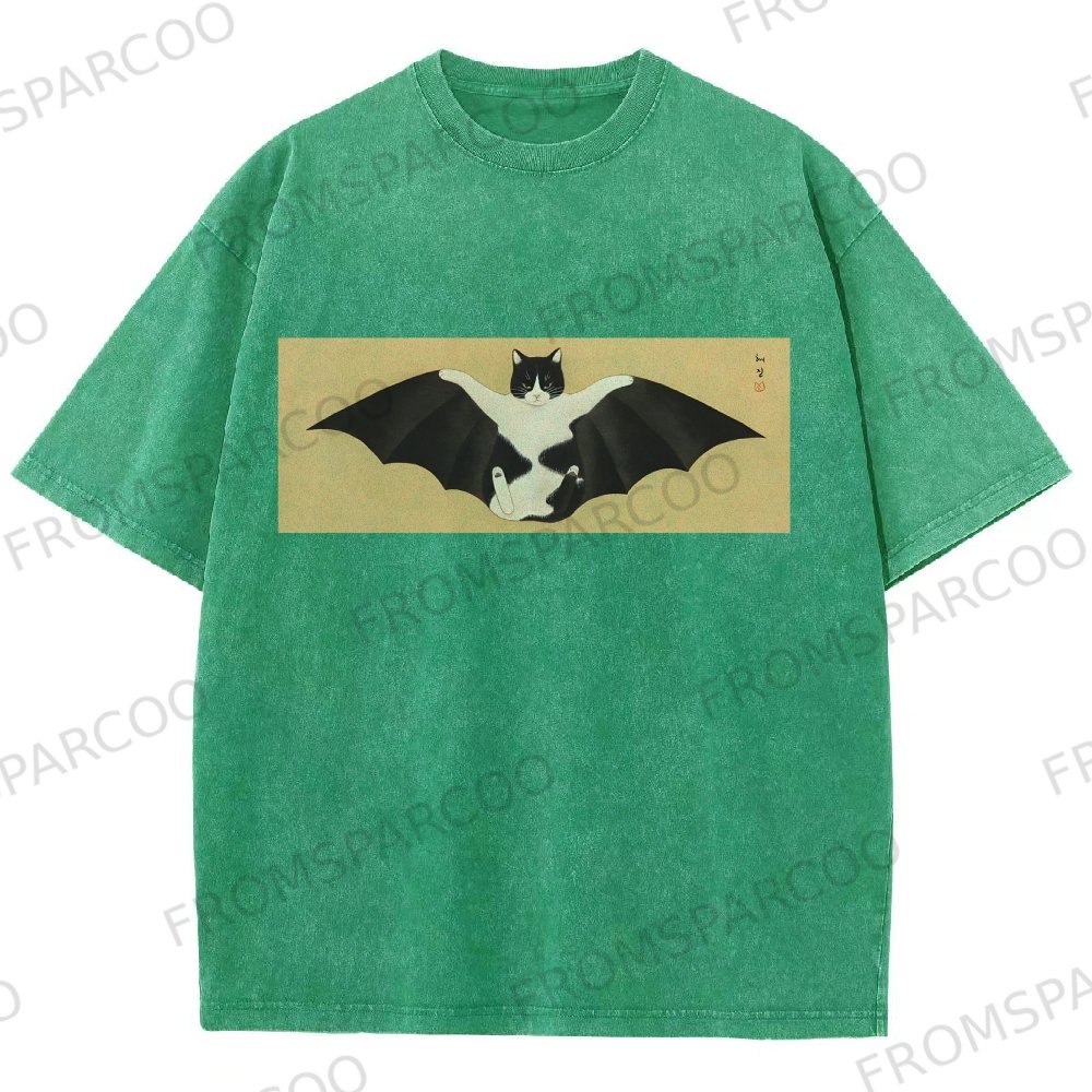 Bat Cat Washed Vintage Short Sleeves T-Shirt