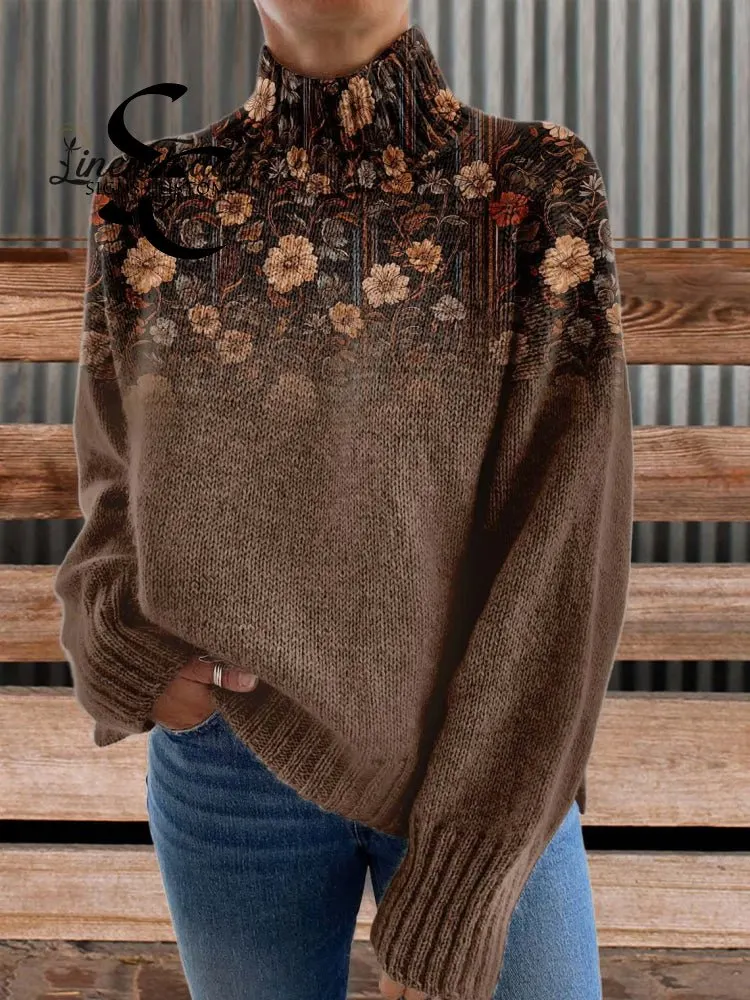 Brown Print Knit Turtleneck Pullover Sweater