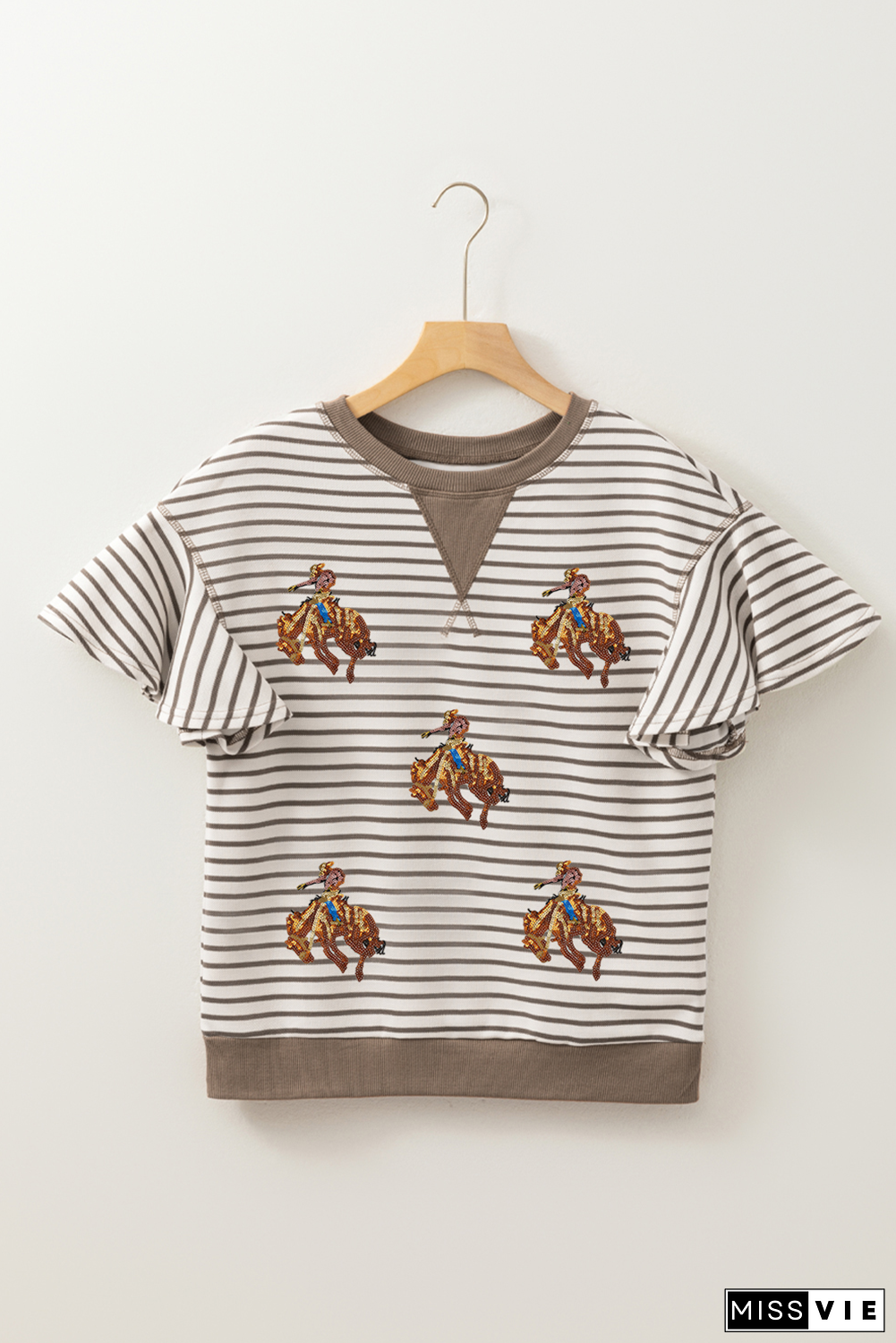 Sequin Rodeo Patch Pattern Striped Ruffled Sleeve Summer Top