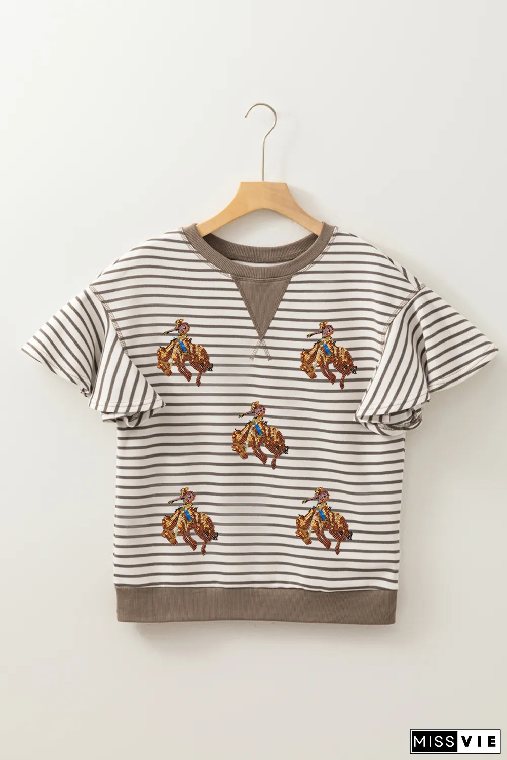 Sequin Rodeo Patch Pattern Striped Ruffled Sleeve Summer Top