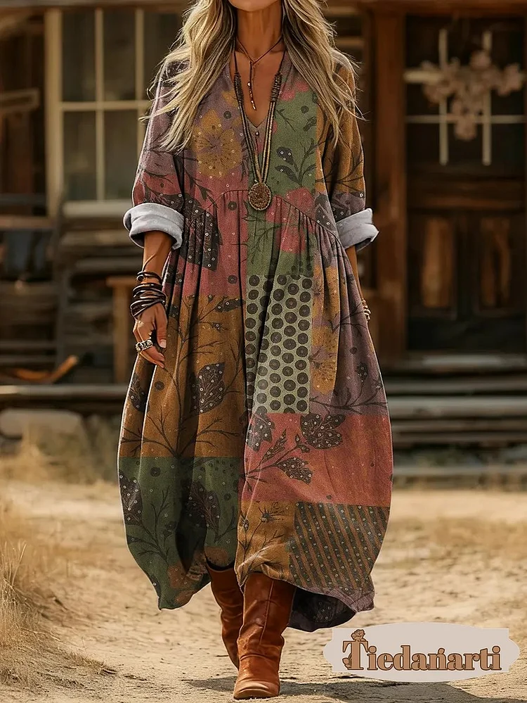 Women's Retro Floral Patchwork Art Print Long-Sleeve V-Neck Comfortable Cotton Pocket Dress