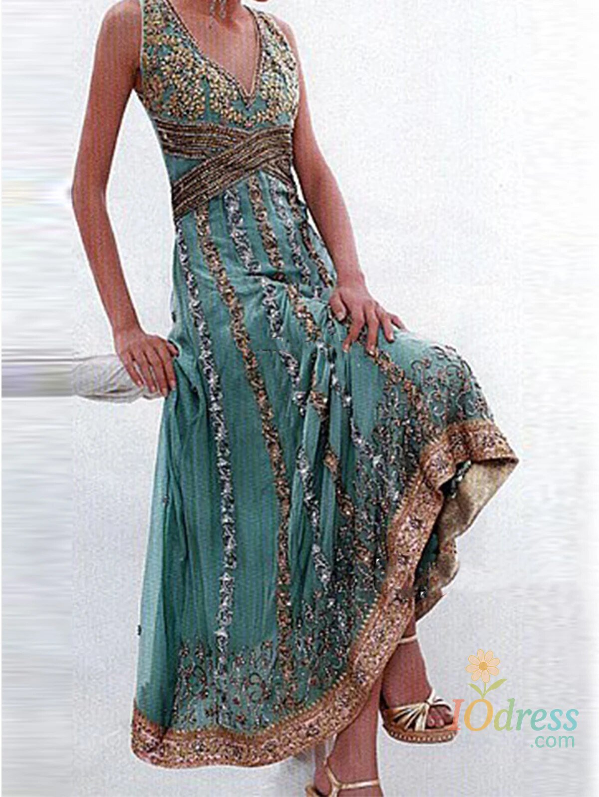 IO Dress Summer Dress for Women Elegant V Neck Ethnic Style Printed Sleeveless Maxi Dress Loose Ladies Vacation Beach Dress