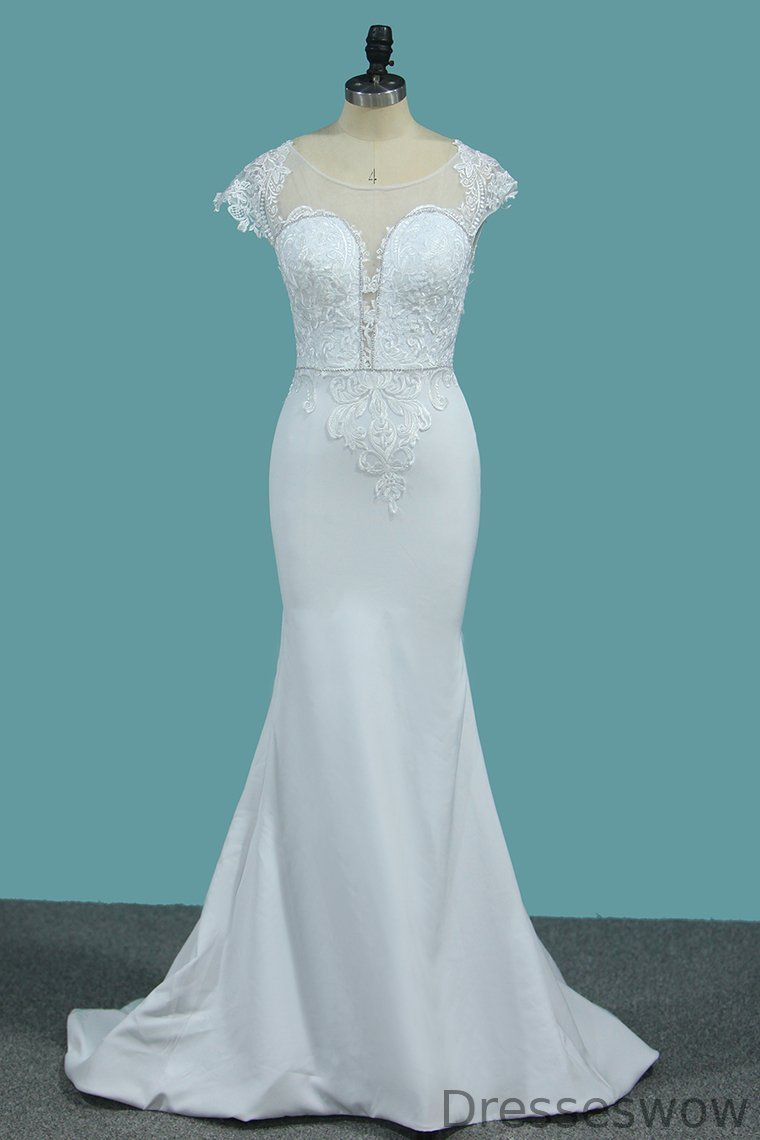 Dresseswow Bateau Beadings Long Mermaid Wedding Dresses With Lace Appliques
