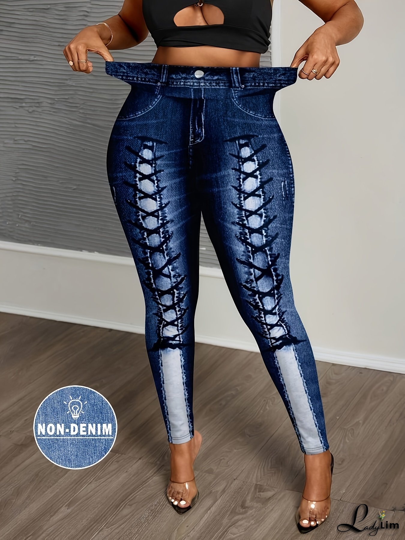 Plus Size, [Denim Print/Imitation Denim] Women's Plus Size High-Waisted Skinny Jeans - Stretchy Non-See-Through Leggings Pants With Cross Strap Accents, Machine Washable All-Season Tight Pants For Jeans Outfits Casual Chic Looks (Elegant Special Line)