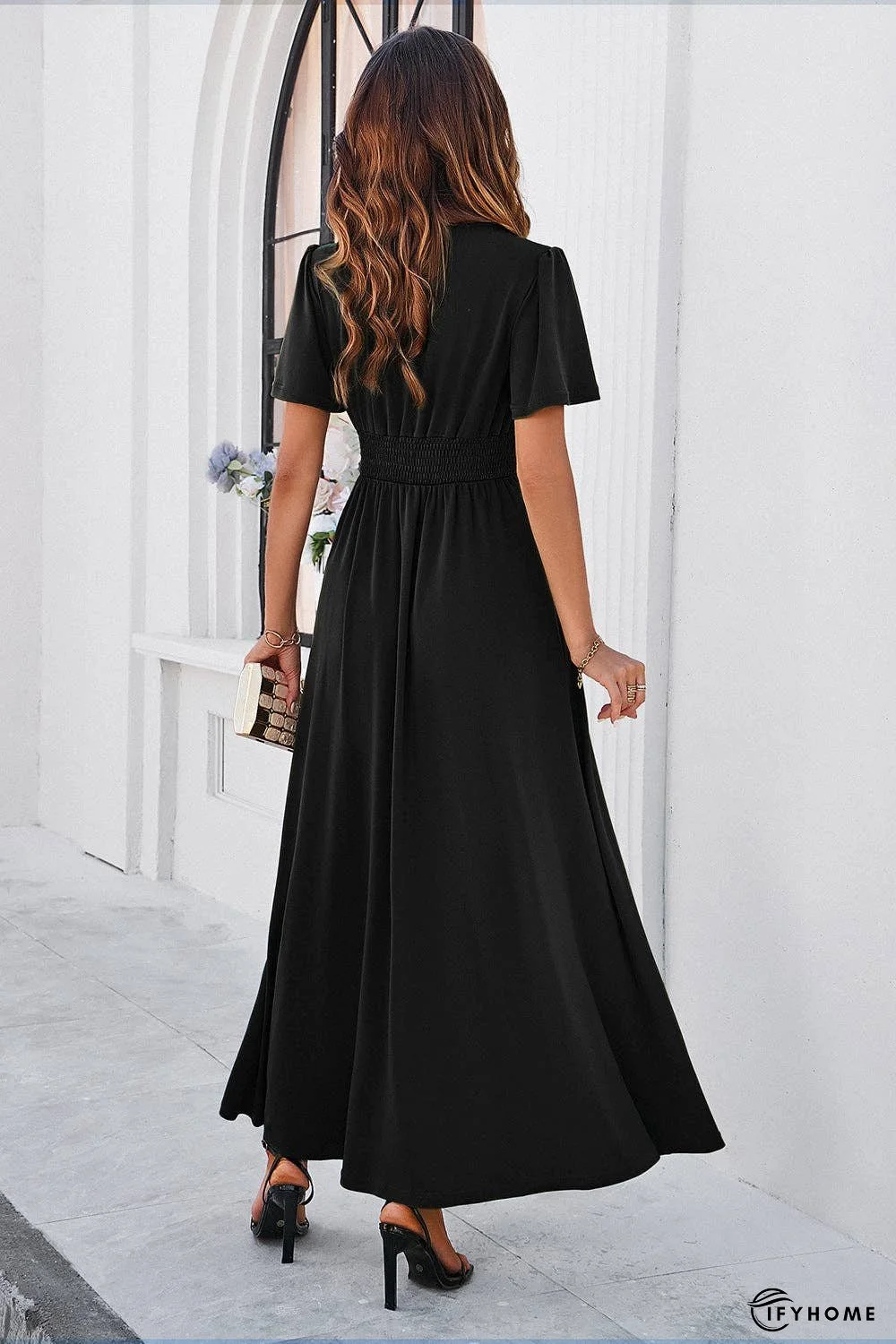 Slit V-Neck Short Sleeve Dress | IFYHOME