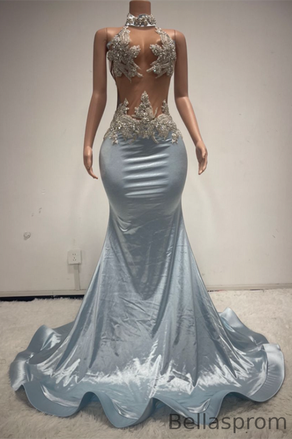 Bellasprom Baby Blue High Neck Sleeveless Prom Dress Mermaid Long With Beadings Bellasprom