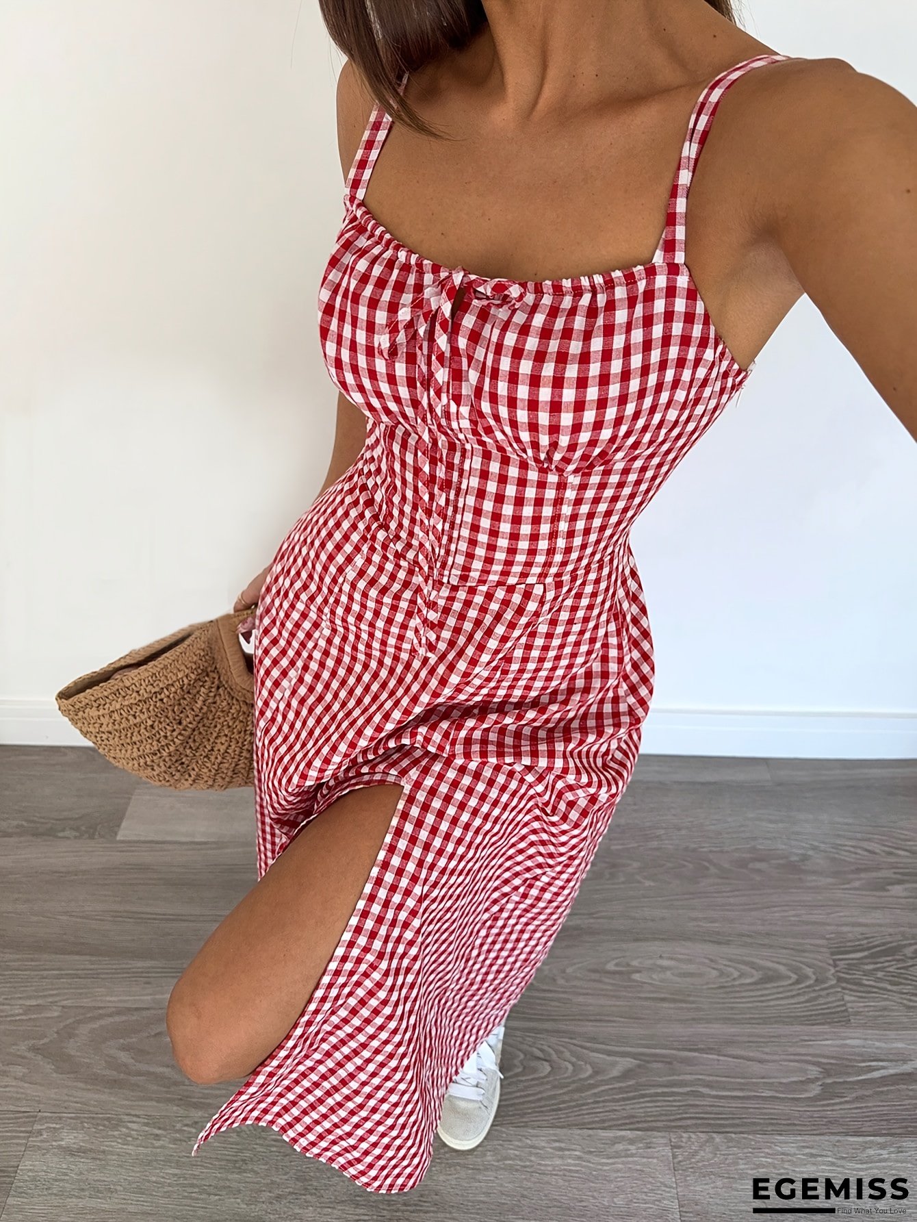Women's Elegant Party Dress - Red And White Gingham, Spaghetti Strap Front Bow Tie, Formal & Casual Events, Beach Vacation Outfit - Machine Washable Stretchy Fabric Evening Dress, Summer Occasion Wear, Comfortable Fit, Fashion Lovers | EGEMISS