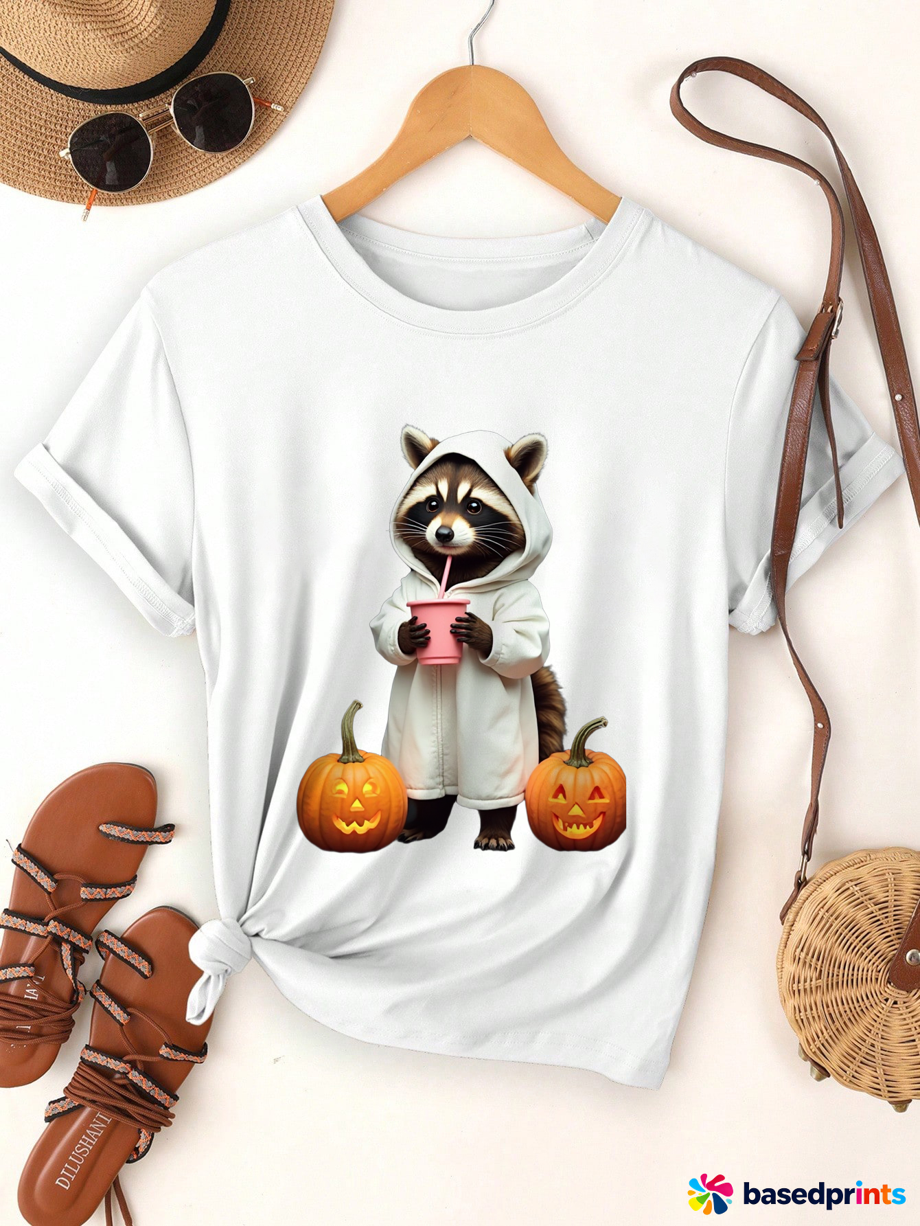 Halloween Raccoon Hoodie Shirt Women Casual Short Sleeve T Shirt