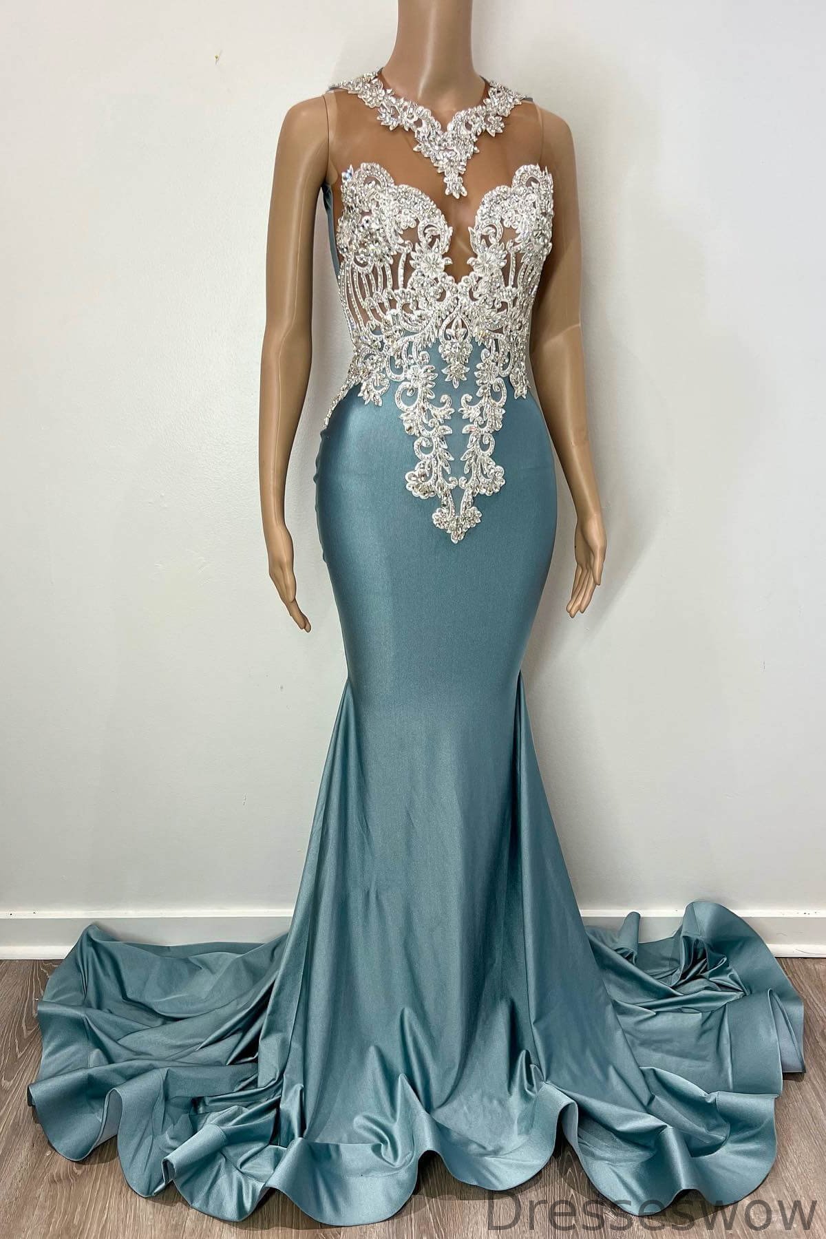 Dresseswow Dusty Blue Scoop Sleeveless Mermaid Ball Dress With Beadings Long