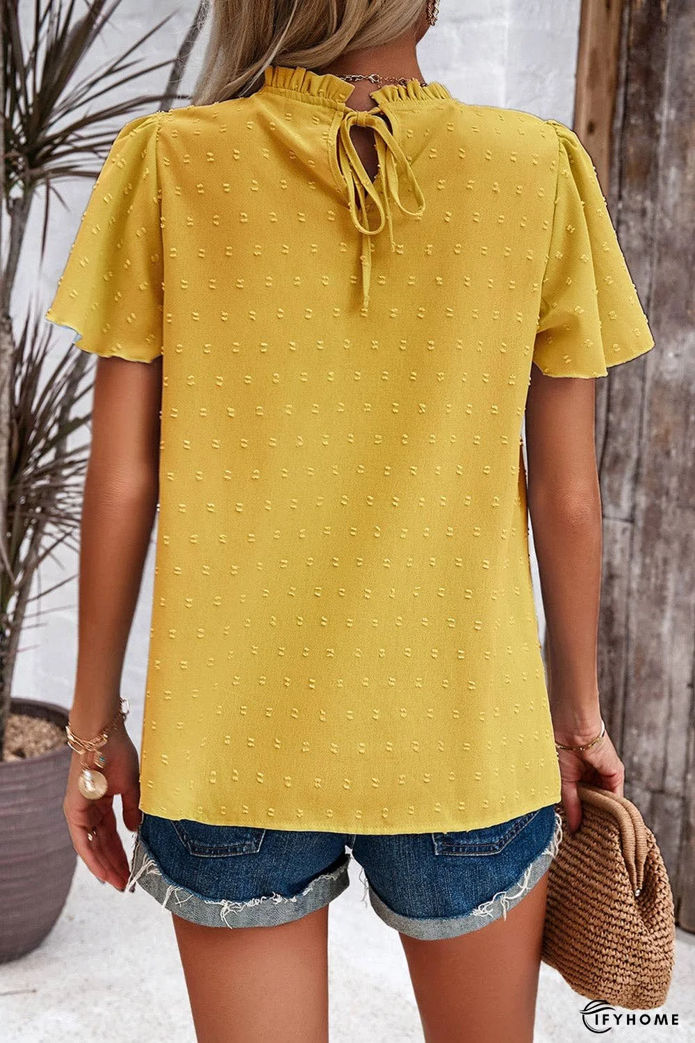 Swiss Dot Smocked Round Neck Short Sleeve Blouse | IFYHOME