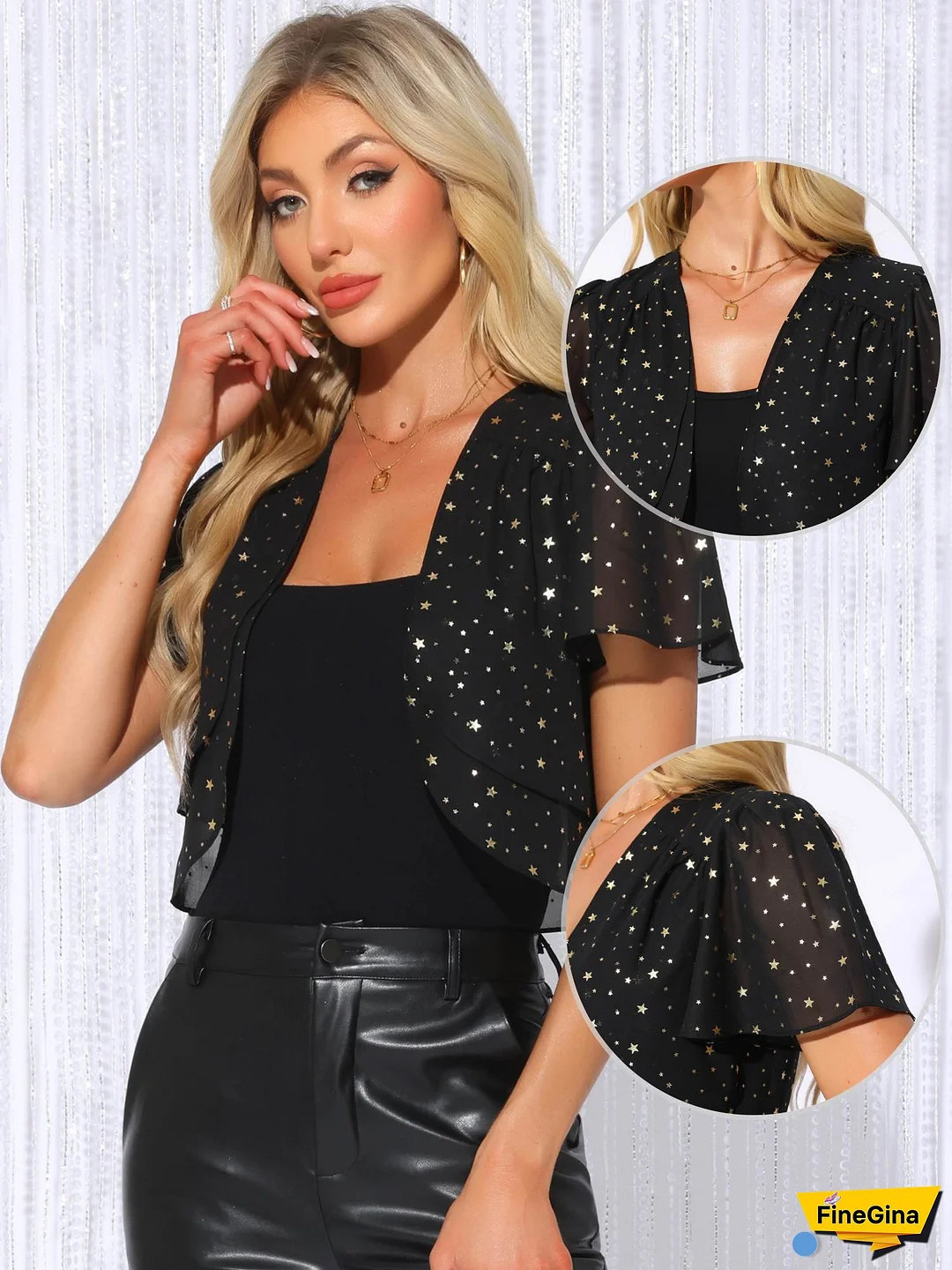 Women's Metallic Star Glitter Bolero Shrug - Elegant Short Sleeve Open Front Cardigan for Parties, Weddings & Casual Wear, Black with Golden Sequins, Polyester, Machine Washable, Boho Cardigan