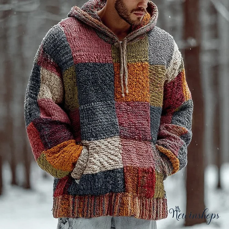 Men's Vintage Geometric Block Knit Knitted Warm Hooded Sweater