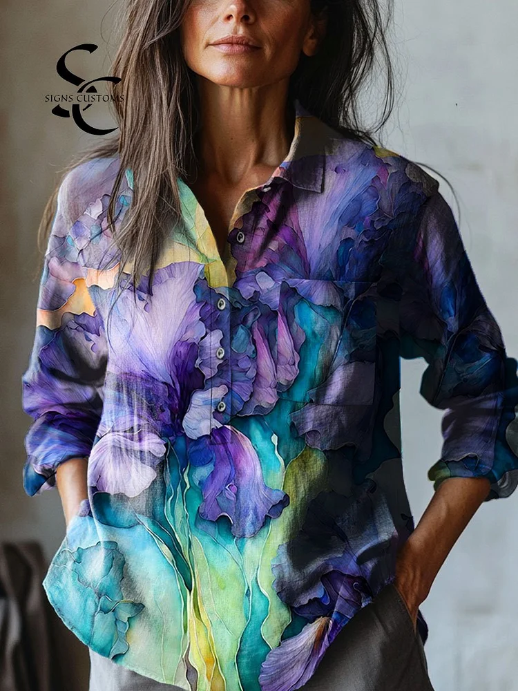 Women's  Flowers Art Print  Casual Cotton And Linen Shirt