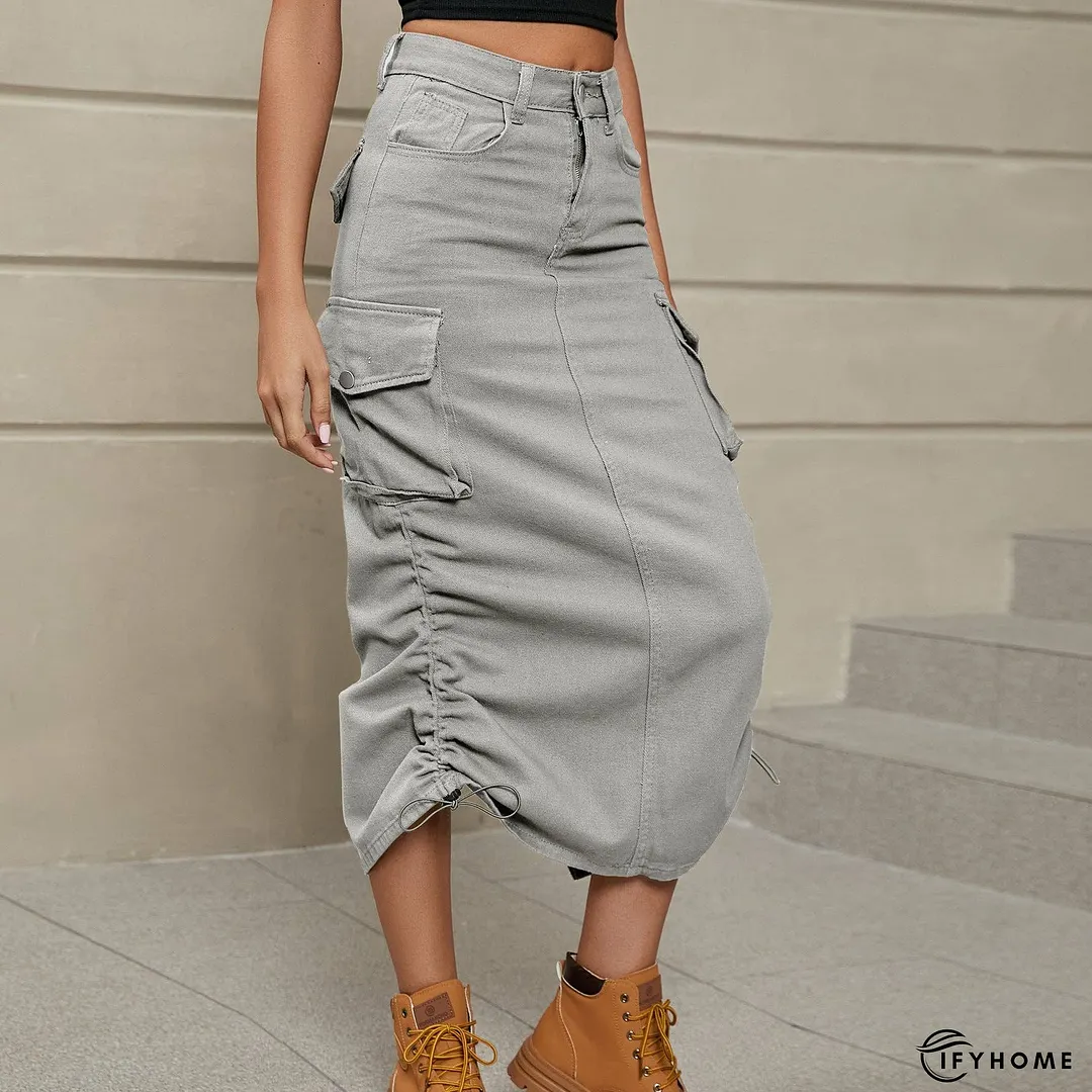 Drawstring Ruched Slit Denim Midi Skirt | IFYHOME
