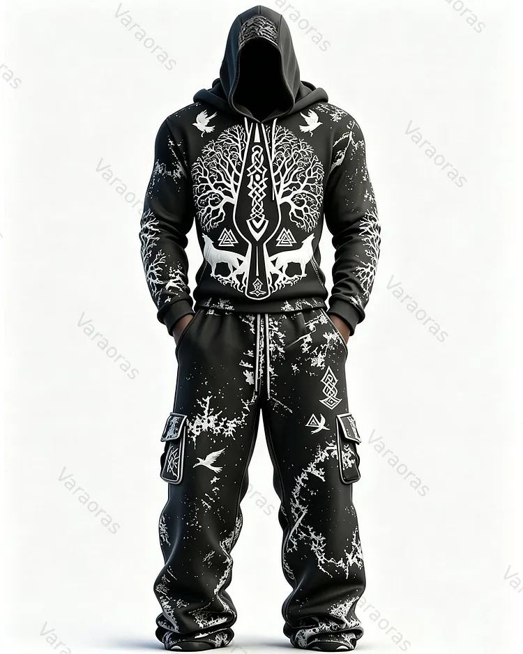 Men's Fashion Viking Tree of Life Embroidered Hoodie & Pants Two-Piece Set 4012