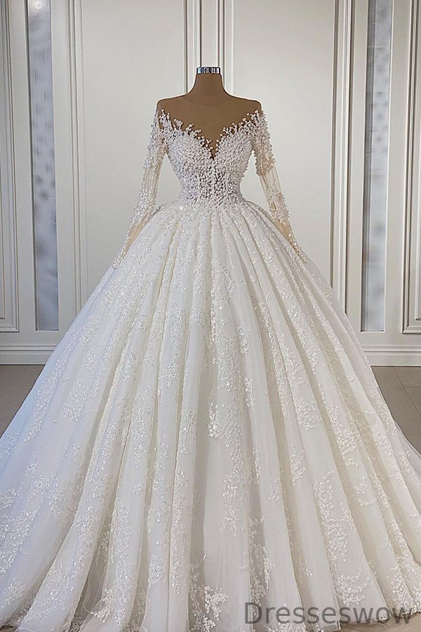 Dresseswow Gorgeous Long Sleeves Ball Gown Wedding Dress With Lace Beadings