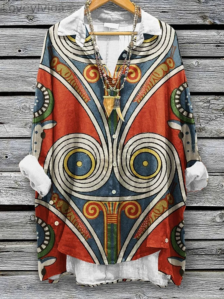 Women's Vintage Pattern Art Print Casual Cotton And Linen Shirt
