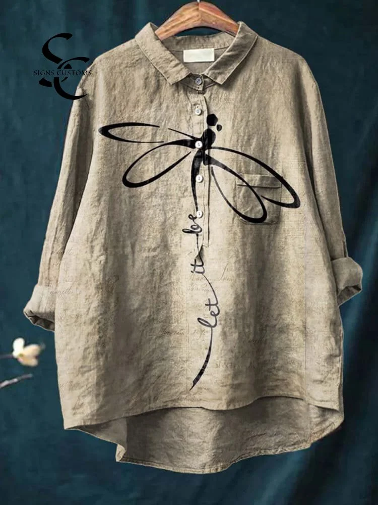 Let It Be Dragonfly Art Pattern Print Casual Cotton And Linen Shirt