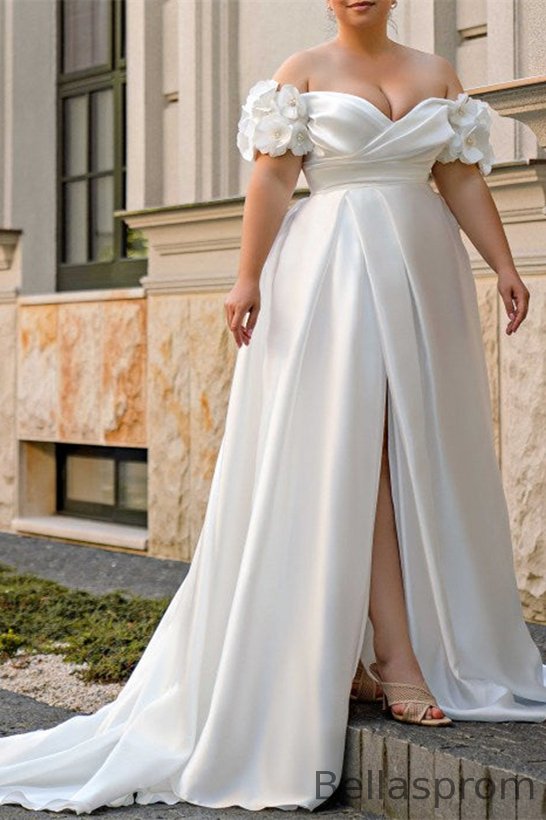 Bellasprom Off-the-Shoulder Satin Plus Size Wedding Dress Slit Long Lace-up Bellasprom