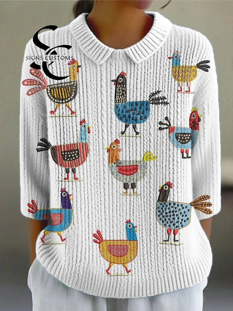 Women's Funny Chicken Art Print Casual Pullover Sweater