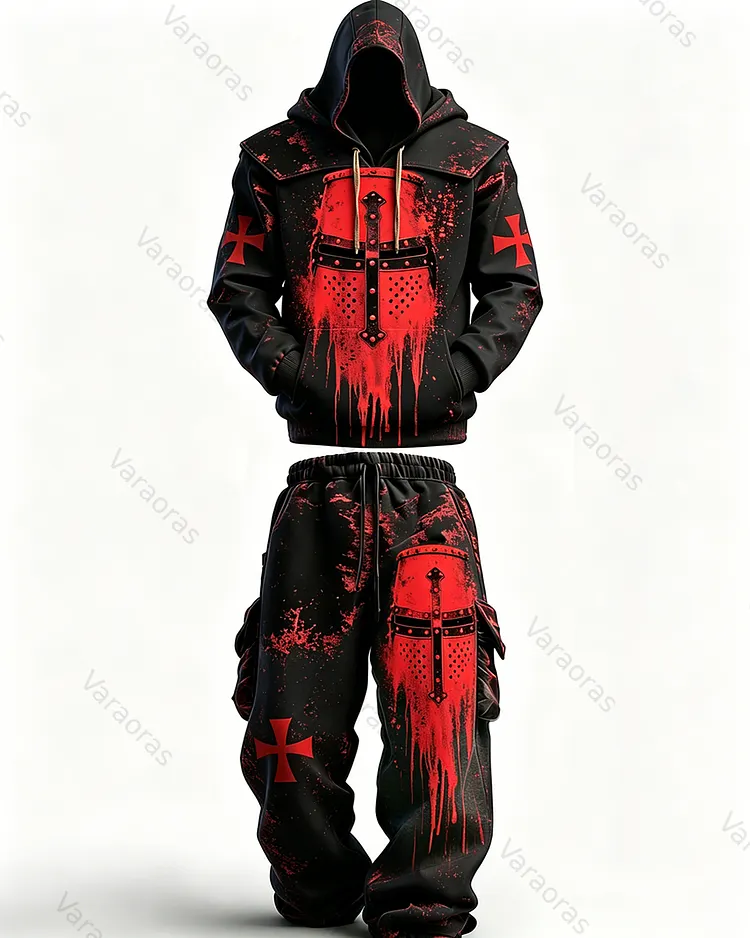 Men's Fashion Vintage Contrast Color Crusader Embroidered Hoodie & Pants Two-Piece Set 1580
