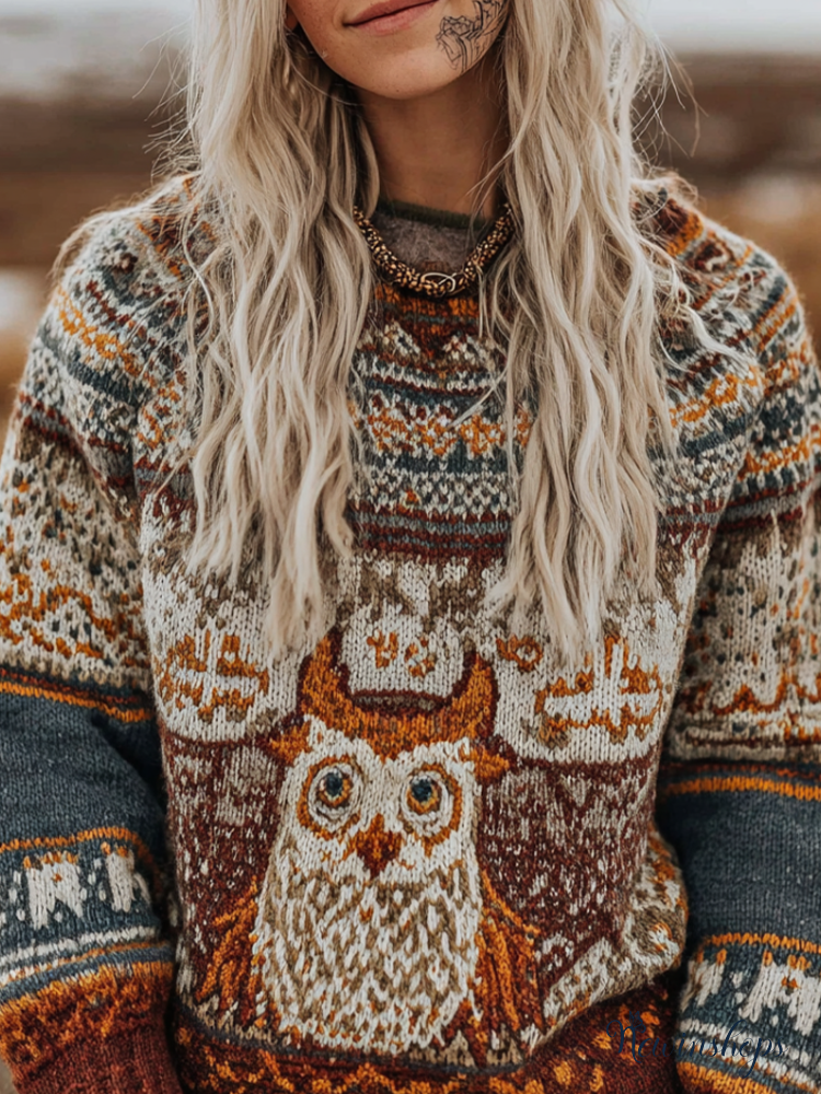 Fair Isle Style Elements Women's Round Neck Knit Sweater