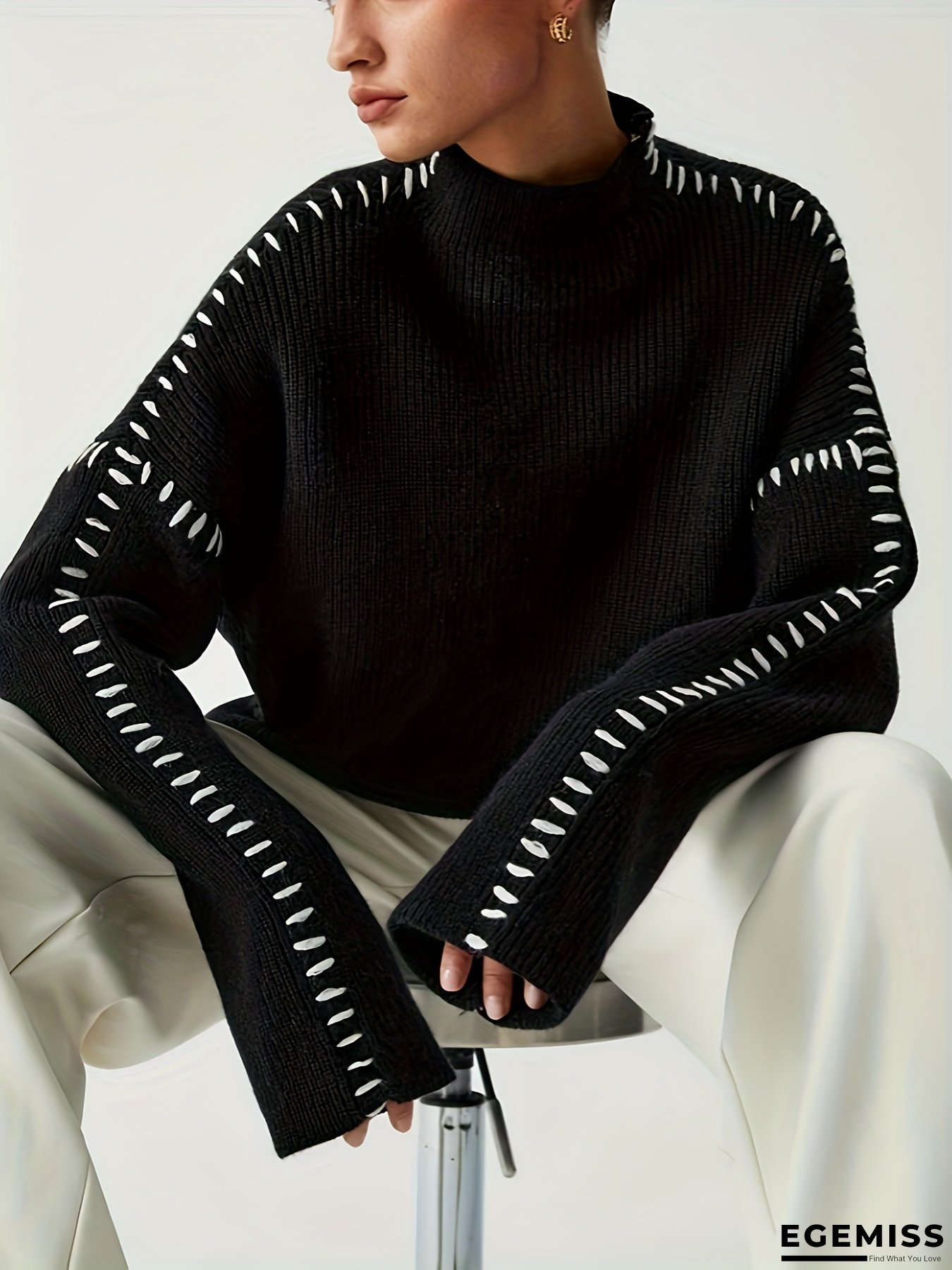 Women&lsquo;s Elegant High Neck Long Sleeve Sweater - Chic Black Pullover with White Striped Cuffs, Loose Fit, Casual Fall/Winter Wear, Casual Wear Sweater | High Neck Sweater | Construction, Sweater Dress | EGEMISS