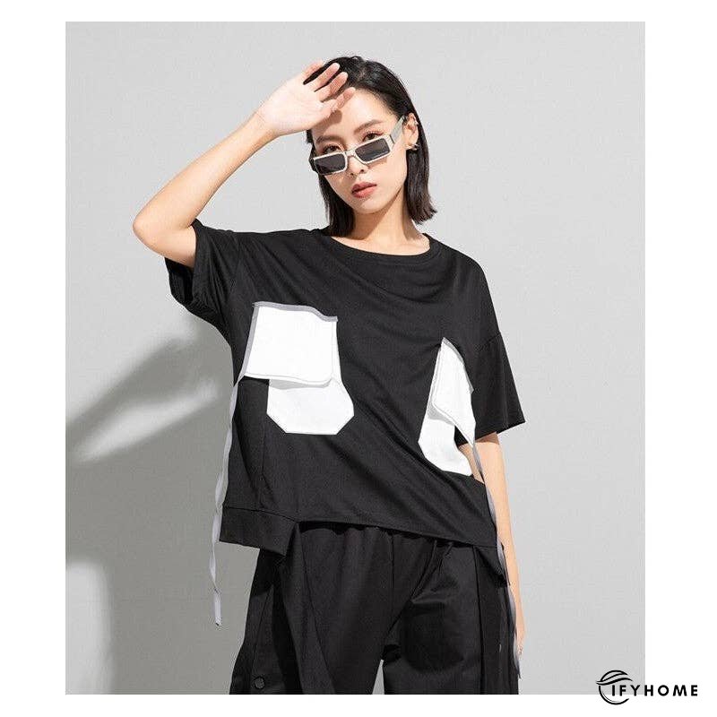 Color Block Personality Ribbon Short Sleeve T-Shirt | IFYHOME