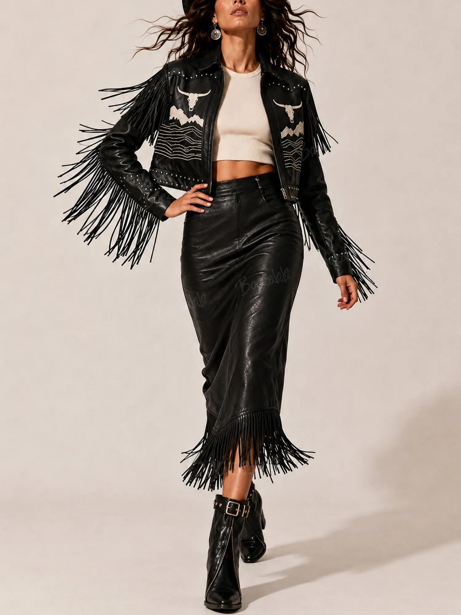 The Perfect Choice For Country Music Festivals And Cowboy Parties&mdash;2026 Fall Midnight Black Bull Head Embroidered And Fringe Faux Leather Women'S Short Jacket And Skirt Suit.