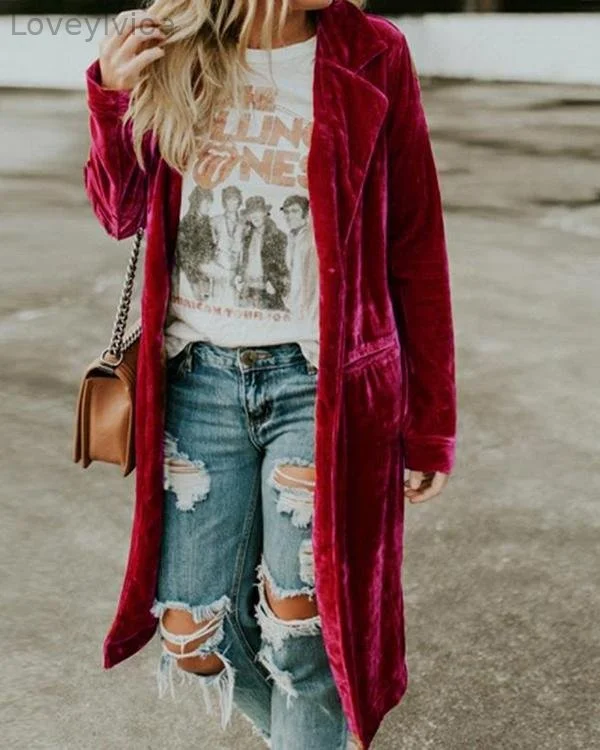 Women Plus Size Fashion Gold Velvet Long Coat