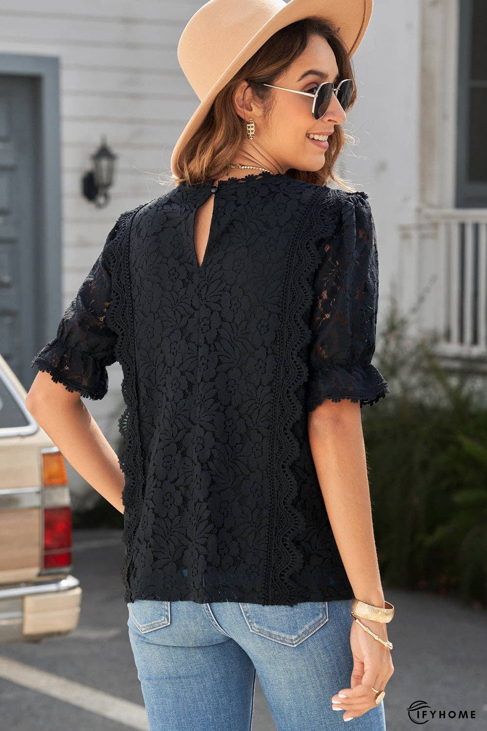 Lace V-Neck Flounce Sleeve Top | IFYHOME