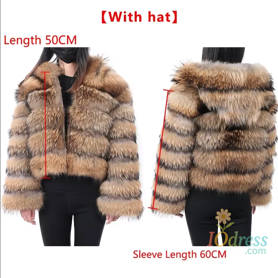 IO Dress 2025 Maomaokong Real Fur Coat Women Natural Raccoon Fur Jacket Female Winter Warm Fox Fur Coat High Quality Long Sleeve With Hat