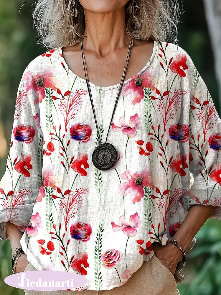 Women's Floral Art  Print Casual Cotton And Linen Shirt