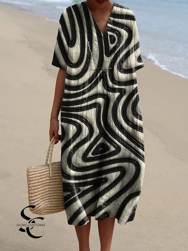 Three-Dimensional Swirl Art Printed Women's Flowy Dress
