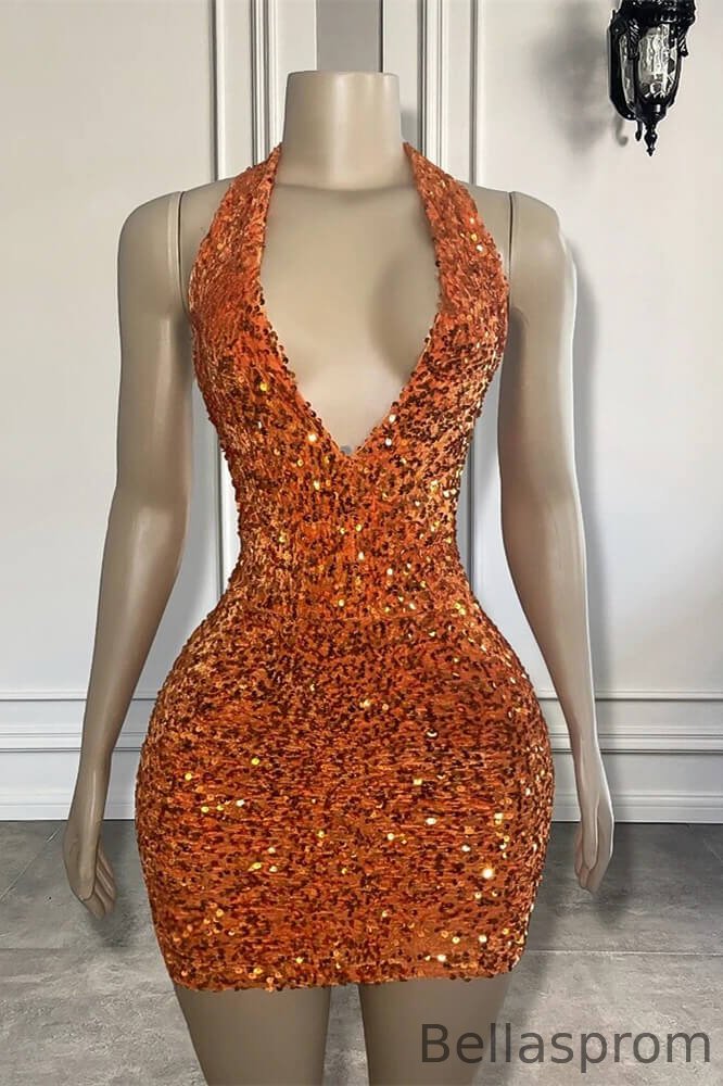 Bellasprom Dusty Orange Halter Sleeveless Short Prom Dress With Sequins Online Bellasprom