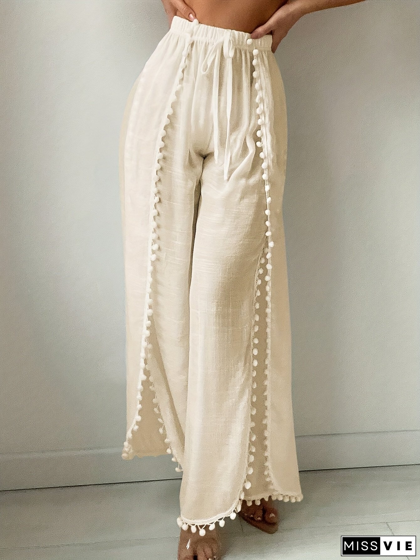 [Elegant Pants] Lightweight Semi-Sheer Women's Elegant Fringe Hem Wide-Leg Pants | Wide-Leg Loose Fit Trousers for Spring Summer Fall, Machine Washable Vacation & Casual Wear with Flowy Fringe Details