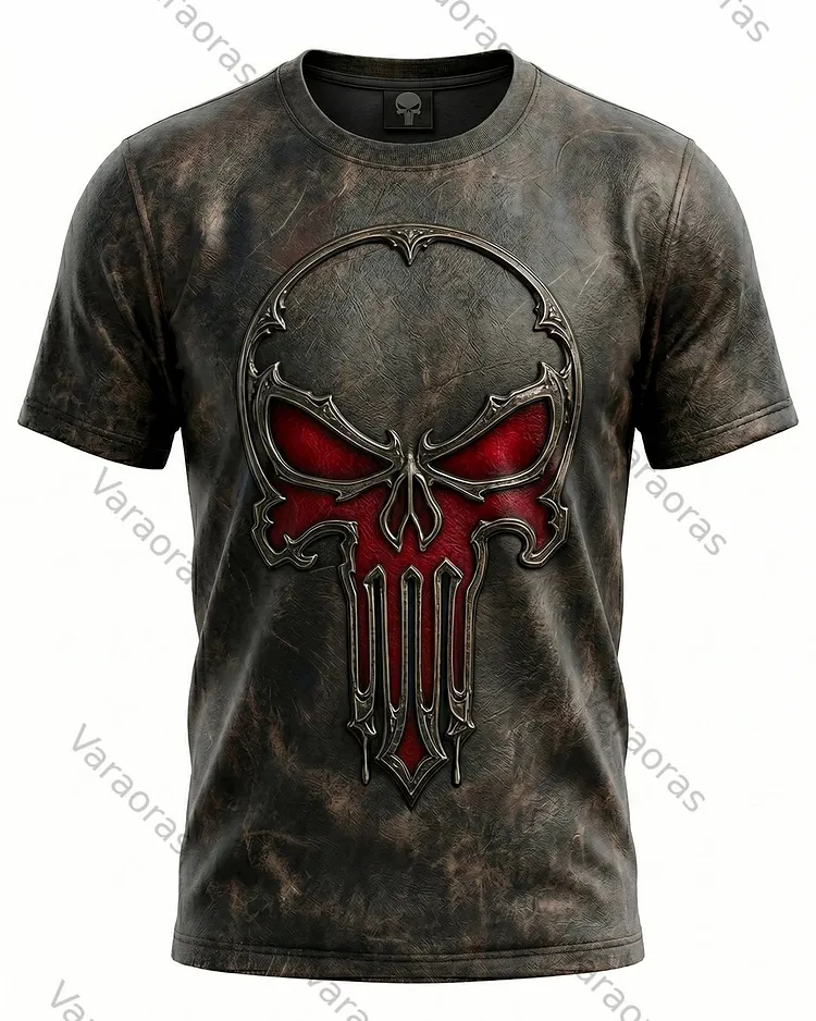 Men's Fashionable Viking Contrast Color Skull Embroidered T-shirt 3621