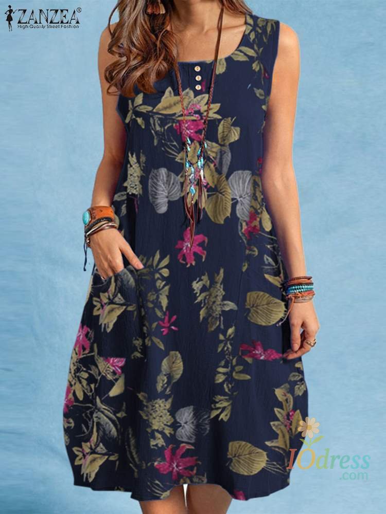 IO Dress Shop Bohemian Beach Dress Summer Vintage Floral Printed Sundress Women Sleeveless Knee-length Robe Holiday Vestidos Sarafans IO Dress